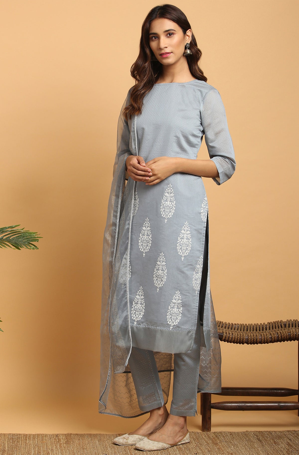 Janasya Women's Grey Poly Chanderi Ethnic Motifs Kurta With Pant And Dupatta | Grocsy