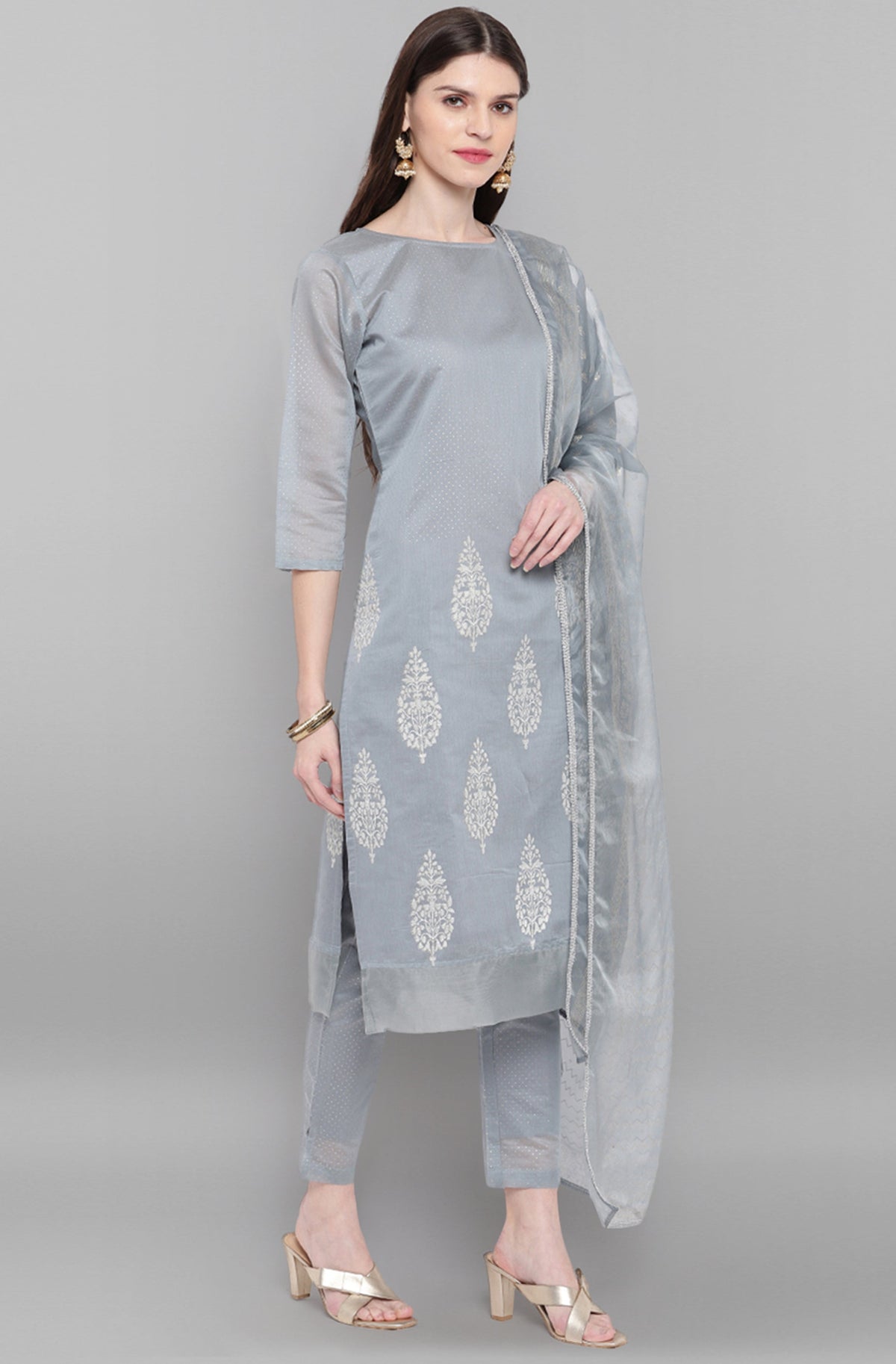 Janasya Women's Grey Poly Chanderi Ethnic Motifs Kurta With Pant And Dupatta | Grocsy