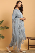 Janasya Women's Grey Poly Chanderi Ethnic Motifs Kurta With Pant And Dupatta | Grocsy