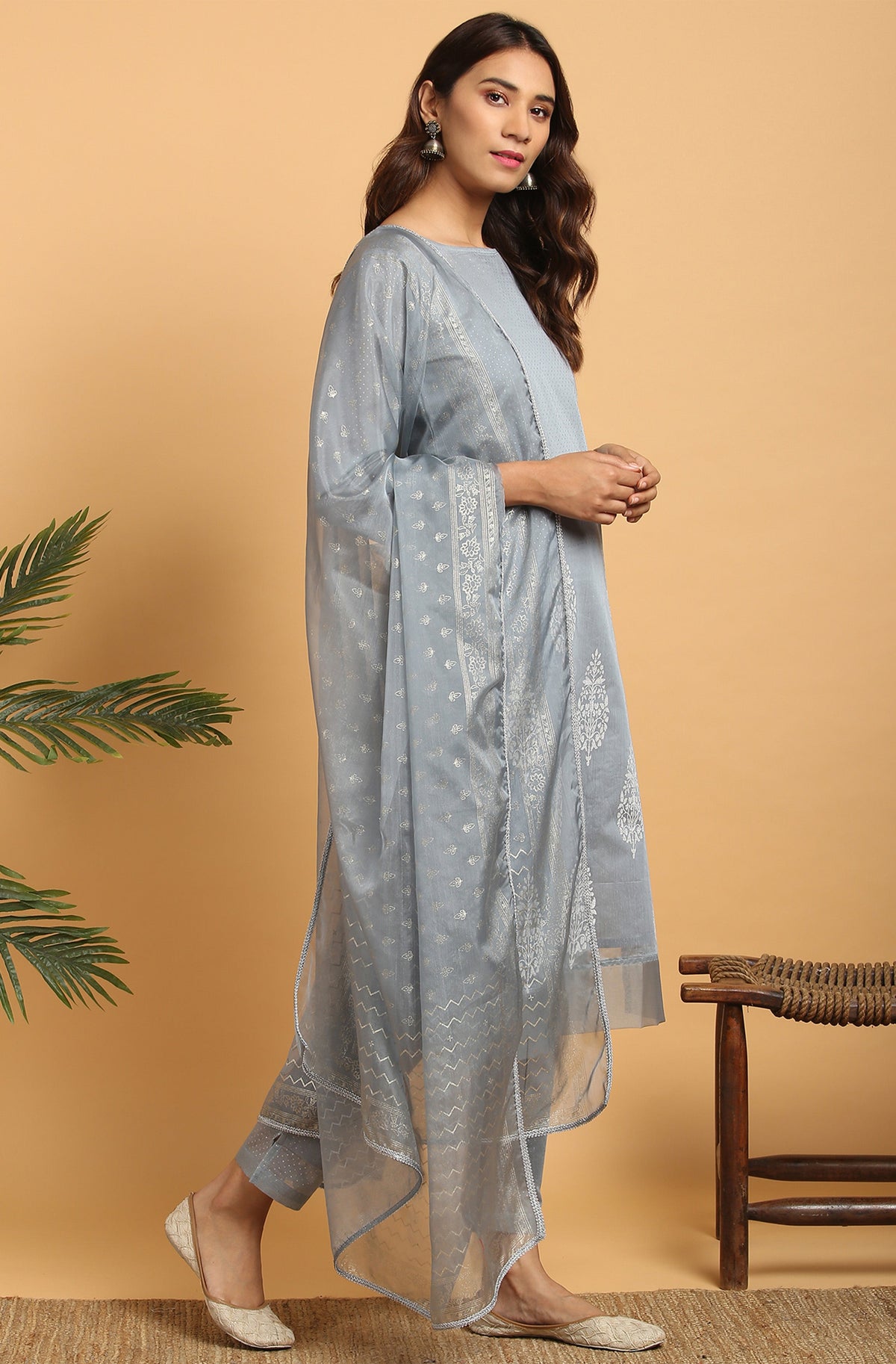 Janasya Women's Grey Poly Chanderi Ethnic Motifs Kurta With Pant And Dupatta | Grocsy