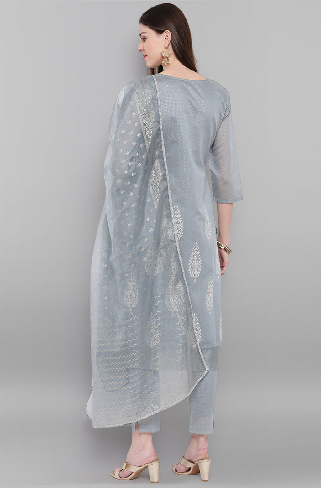 Janasya Women's Grey Poly Chanderi Ethnic Motifs Kurta With Pant And Dupatta | Grocsy
