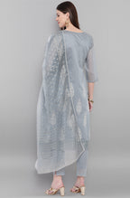Janasya Women's Grey Poly Chanderi Ethnic Motifs Kurta With Pant And Dupatta | Grocsy