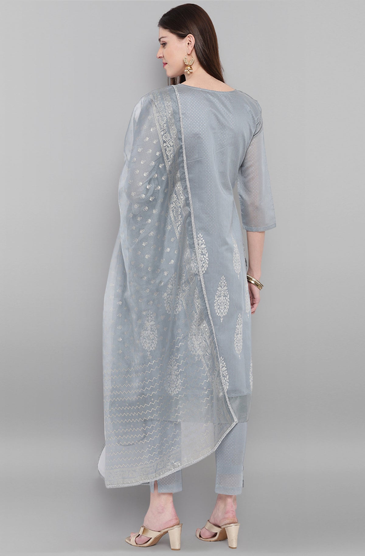 Janasya Women's Grey Poly Chanderi Ethnic Motifs Kurta With Pant And Dupatta | Grocsy