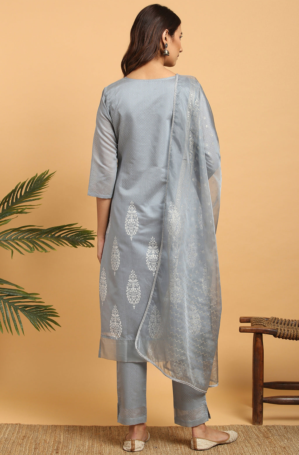 Janasya Women's Grey Poly Chanderi Ethnic Motifs Kurta With Pant And Dupatta | Grocsy