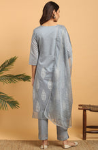 Janasya Women's Grey Poly Chanderi Ethnic Motifs Kurta With Pant And Dupatta | Grocsy