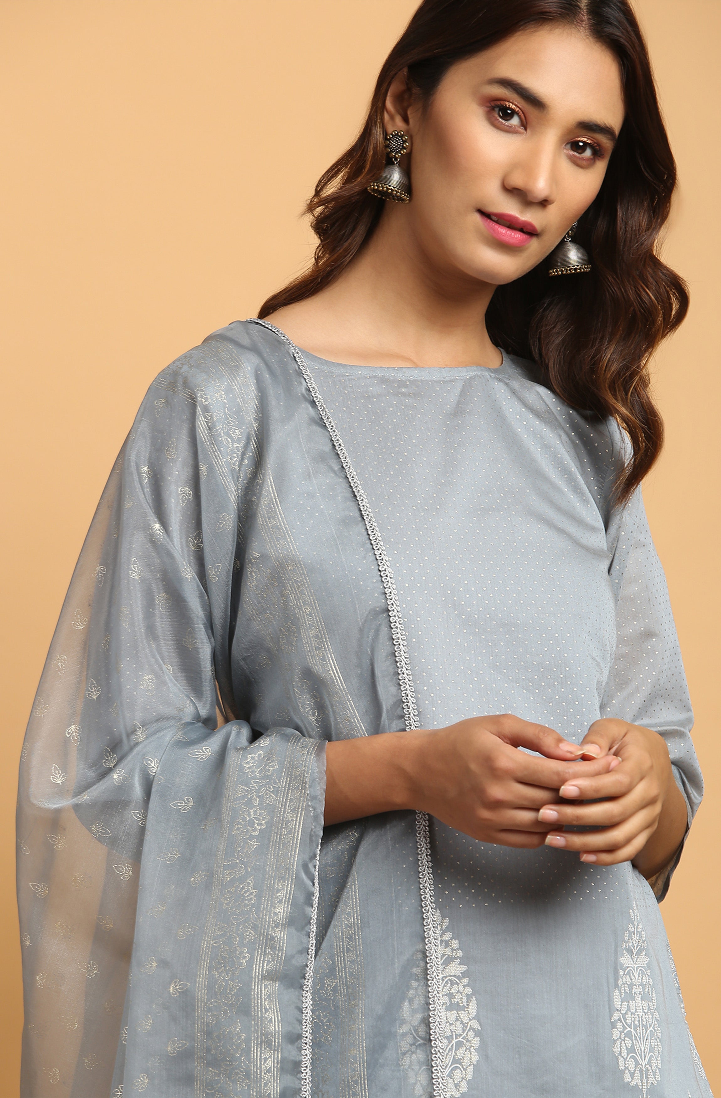 Janasya Women's Grey Poly Chanderi Ethnic Motifs Kurta With Pant And Dupatta | Grocsy