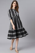 Indian Clothing Janasya Women's Black Cotton Striped Flared Western Dress | Grocsy