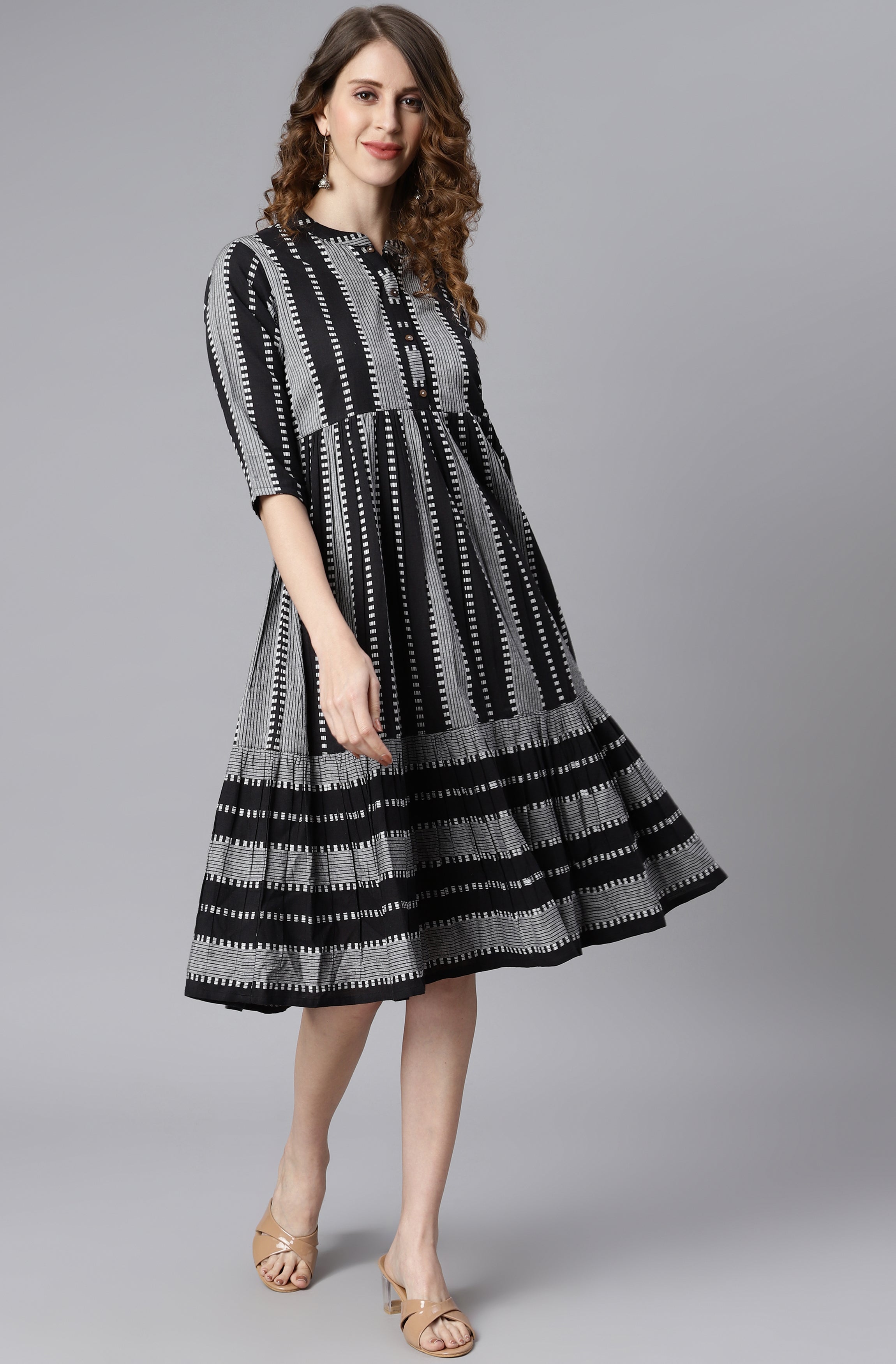 Indian Clothing Janasya Women's Black Cotton Striped Flared Western Dress | Grocsy