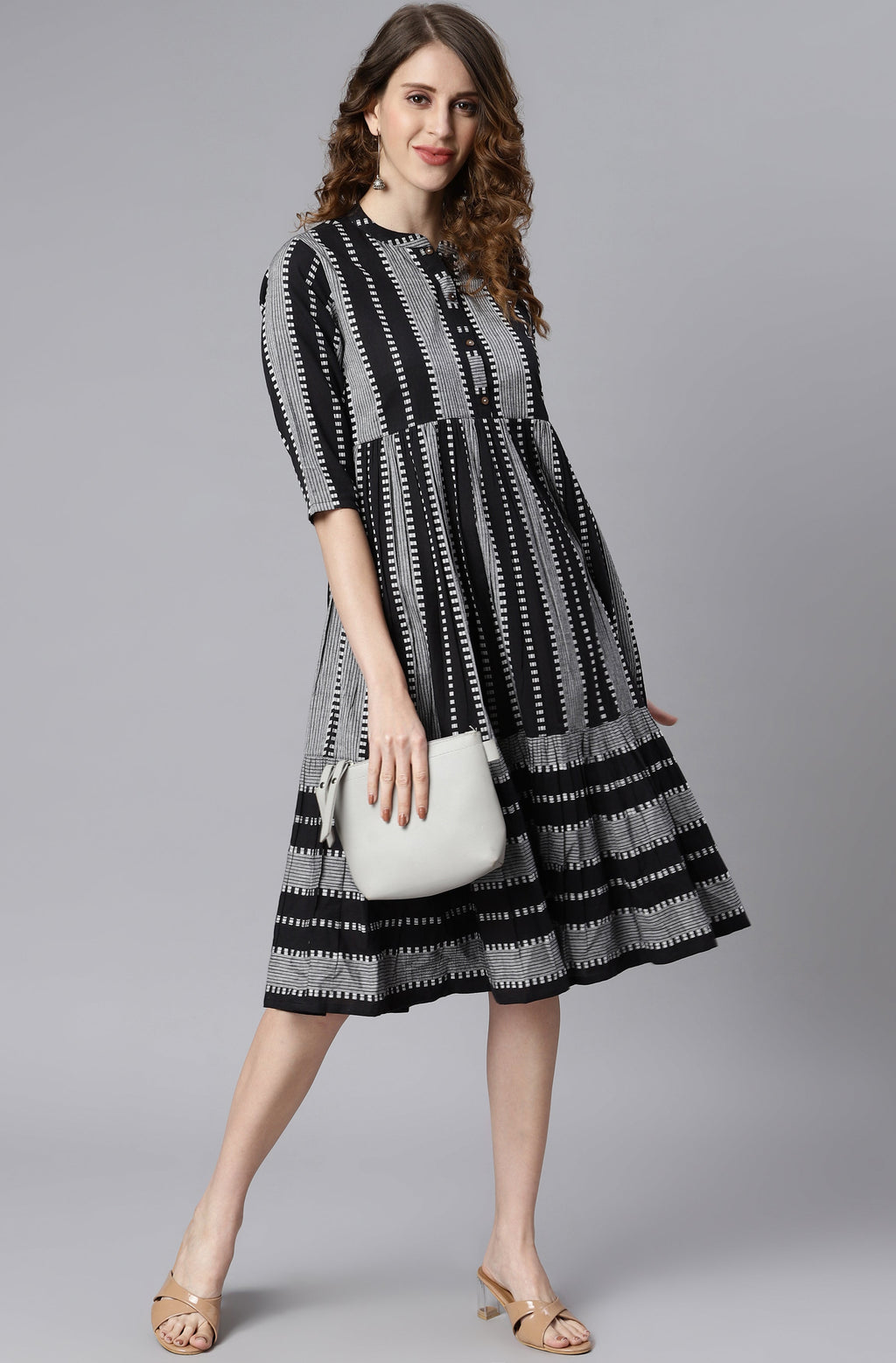 Indian Clothing Janasya Women's Black Cotton Striped Flared Western Dress | Grocsy