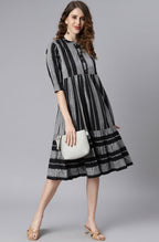 Indian Clothing Janasya Women's Black Cotton Striped Flared Western Dress | Grocsy