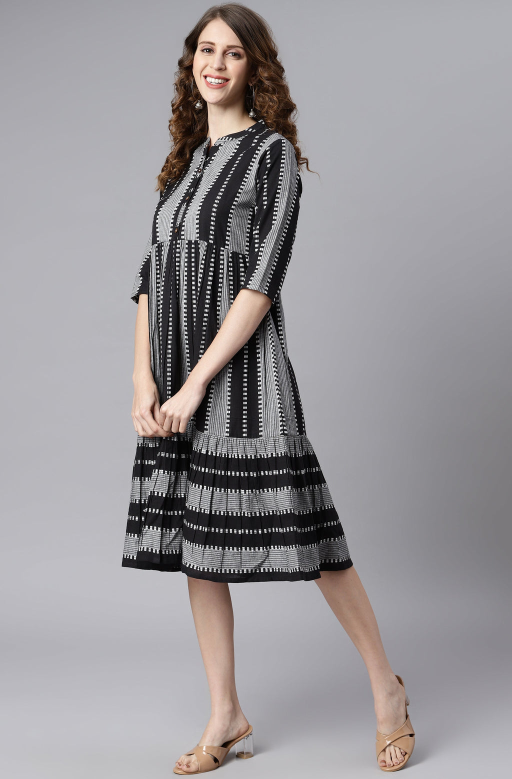 Indian Clothing Janasya Women's Black Cotton Striped Flared Western Dress | Grocsy