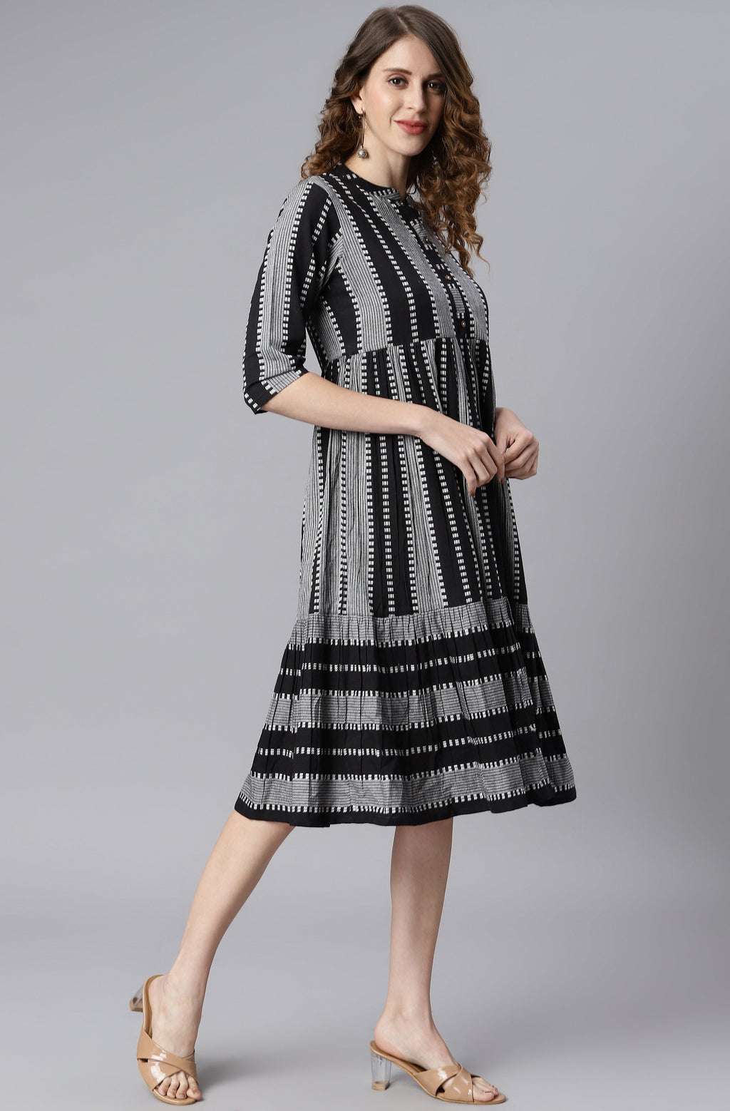 Indian Clothing Janasya Women's Black Cotton Striped Flared Western Dress | Grocsy