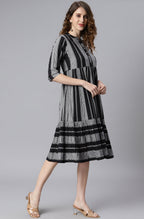 Indian Clothing Janasya Women's Black Cotton Striped Flared Western Dress | Grocsy