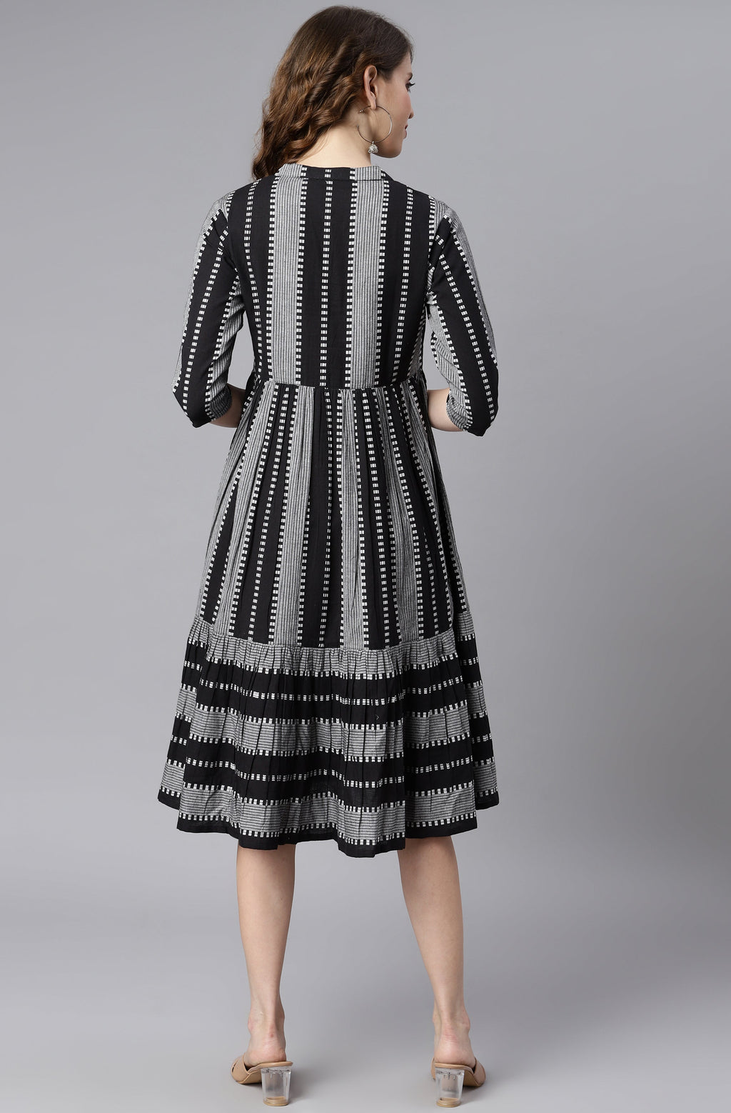 Indian Clothing Janasya Women's Black Cotton Striped Flared Western Dress | Grocsy