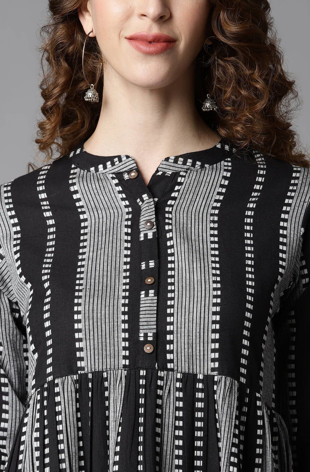 Indian Clothing Janasya Women's Black Cotton Striped Flared Western Dress | Grocsy