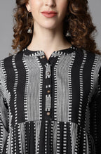 Indian Clothing Janasya Women's Black Cotton Striped Flared Western Dress | Grocsy