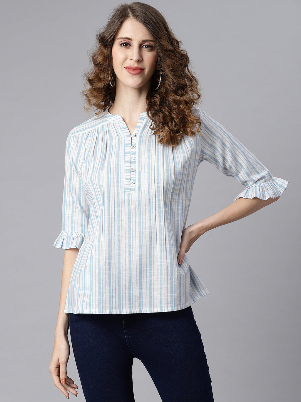 Janasya Women's White Cotton Slub Striped Straight Top | Grocsy