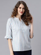 Janasya Women's White Cotton Slub Striped Straight Top | Grocsy