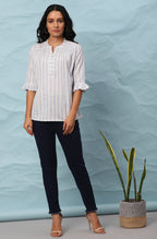 Janasya Women's White Cotton Slub Striped Straight Top | Grocsy
