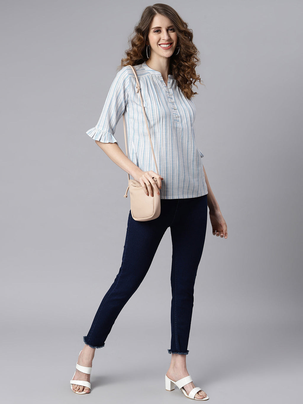 Janasya Women's White Cotton Slub Striped Straight Top | Grocsy
