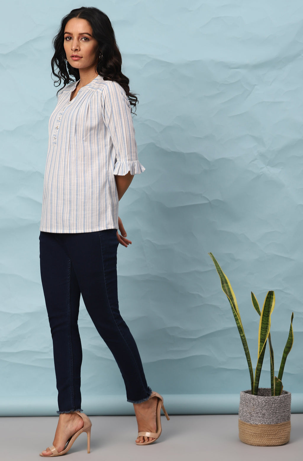 Janasya Women's White Cotton Slub Striped Straight Top | Grocsy