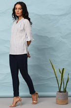 Janasya Women's White Cotton Slub Striped Straight Top | Grocsy