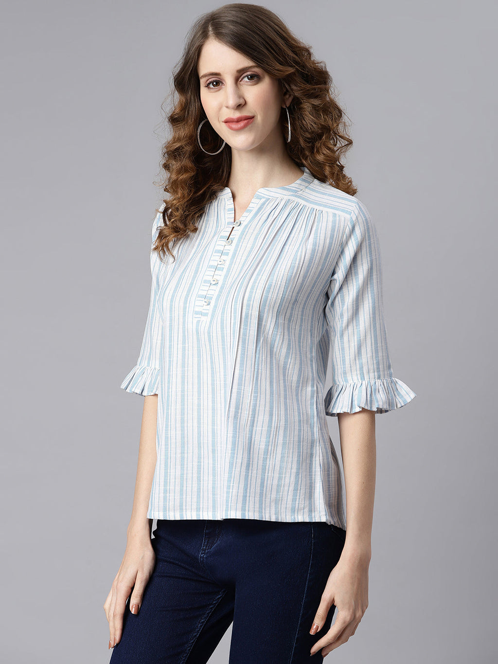 Janasya Women's White Cotton Slub Striped Straight Top | Grocsy