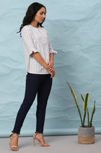 Janasya Women's White Cotton Slub Striped Straight Top | Grocsy