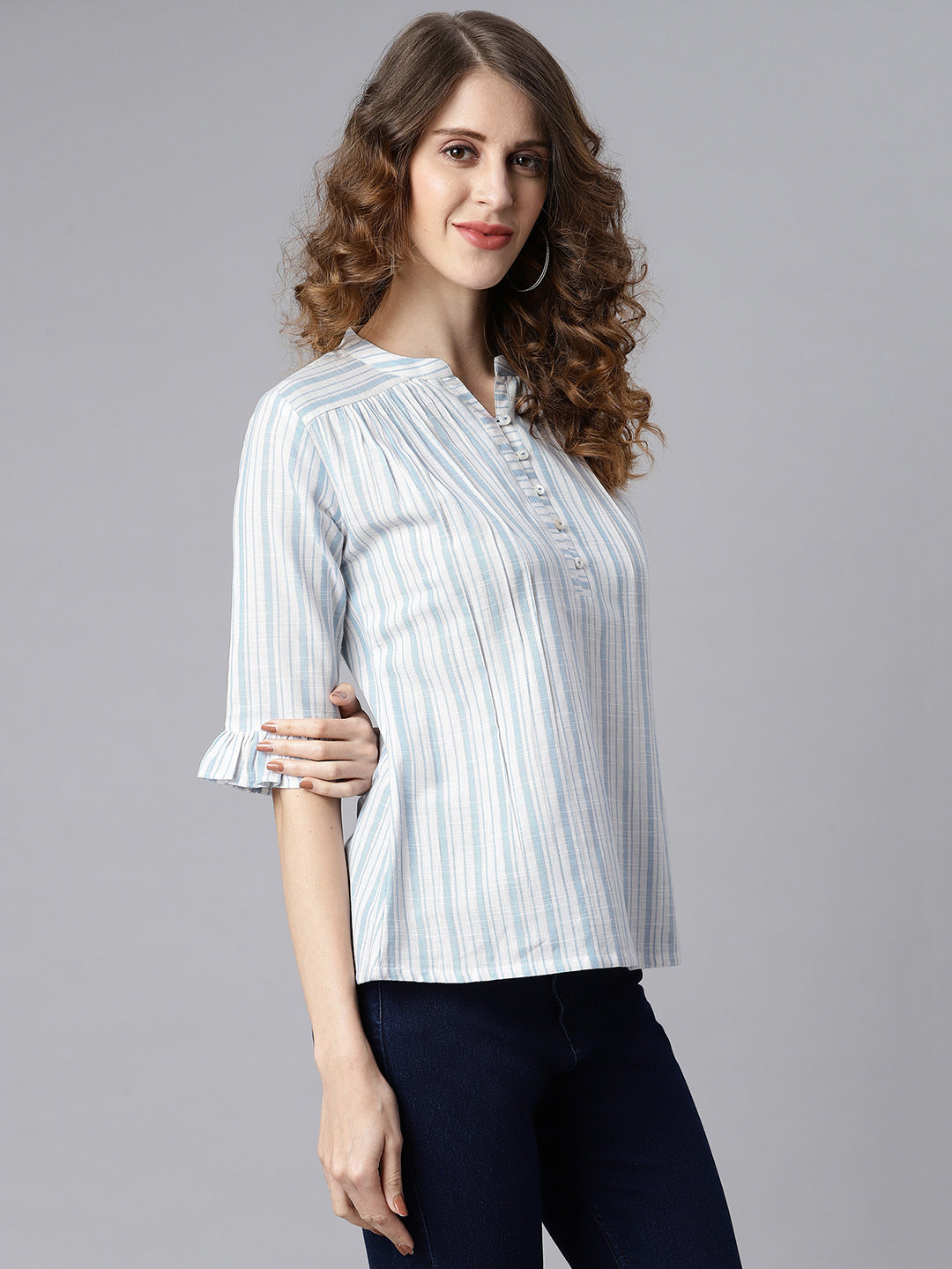 Janasya Women's White Cotton Slub Striped Straight Top | Grocsy