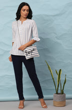 Janasya Women's White Cotton Slub Striped Straight Top | Grocsy