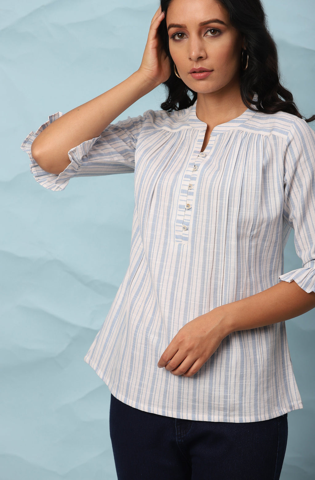 Janasya Women's White Cotton Slub Striped Straight Top | Grocsy