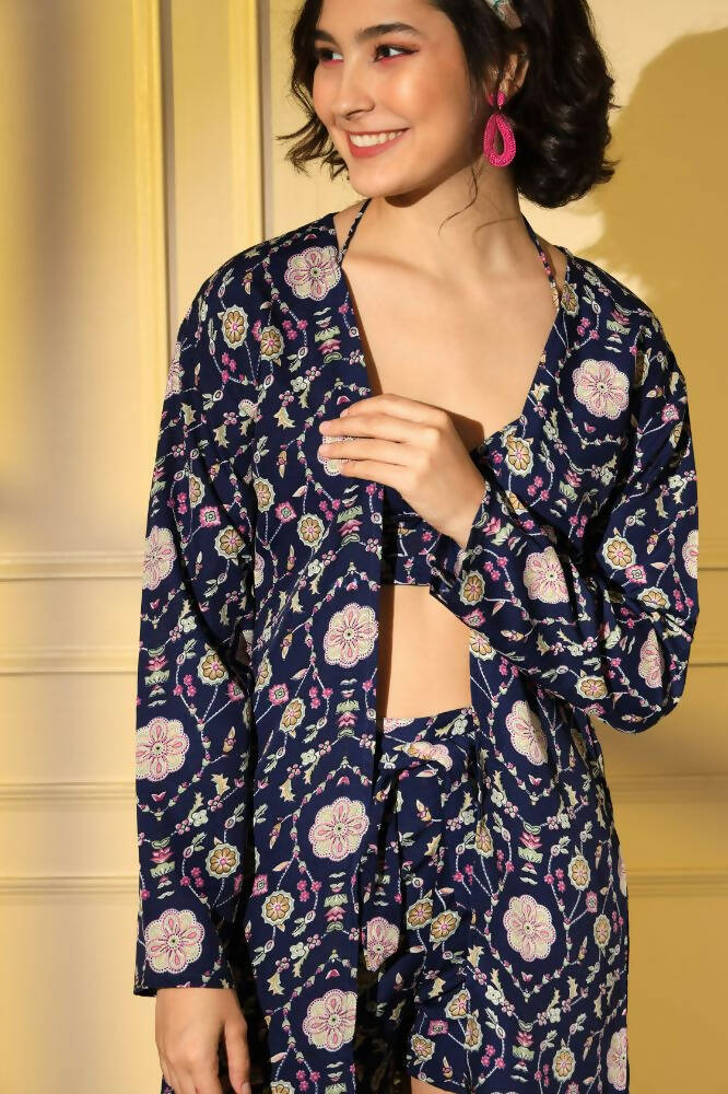 Navy Blue Platinum Creap Printed Co-Sets - Femella | Grocsy