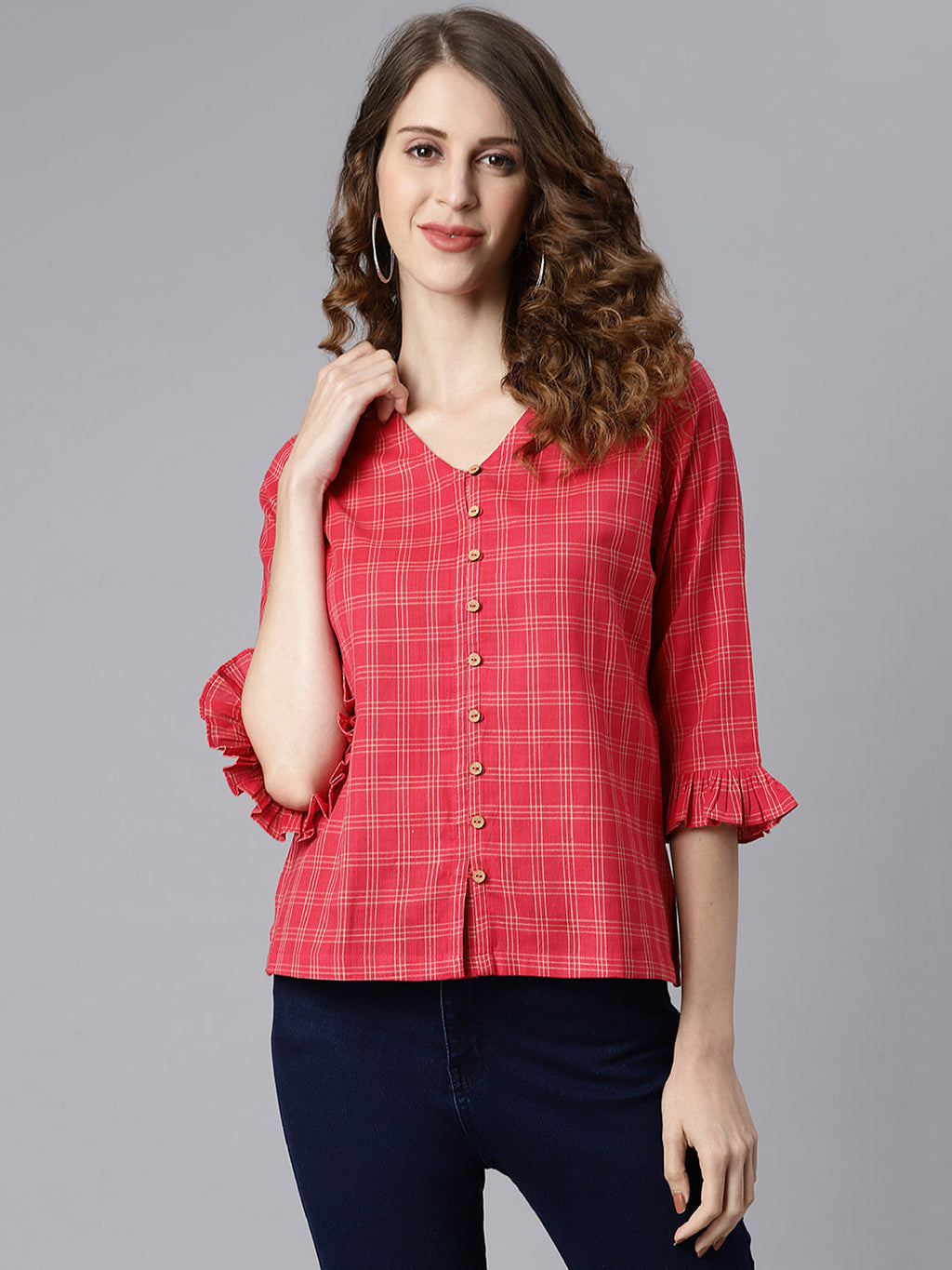 Janasya Women's Red Cotton Checkered Regular Top | Grocsy