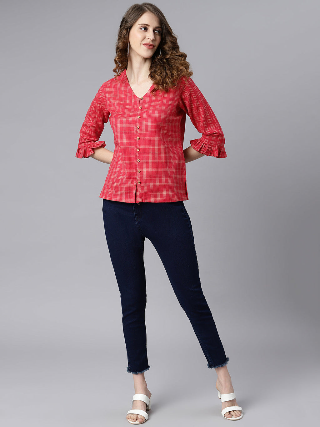 Janasya Women's Red Cotton Checkered Regular Top | Grocsy