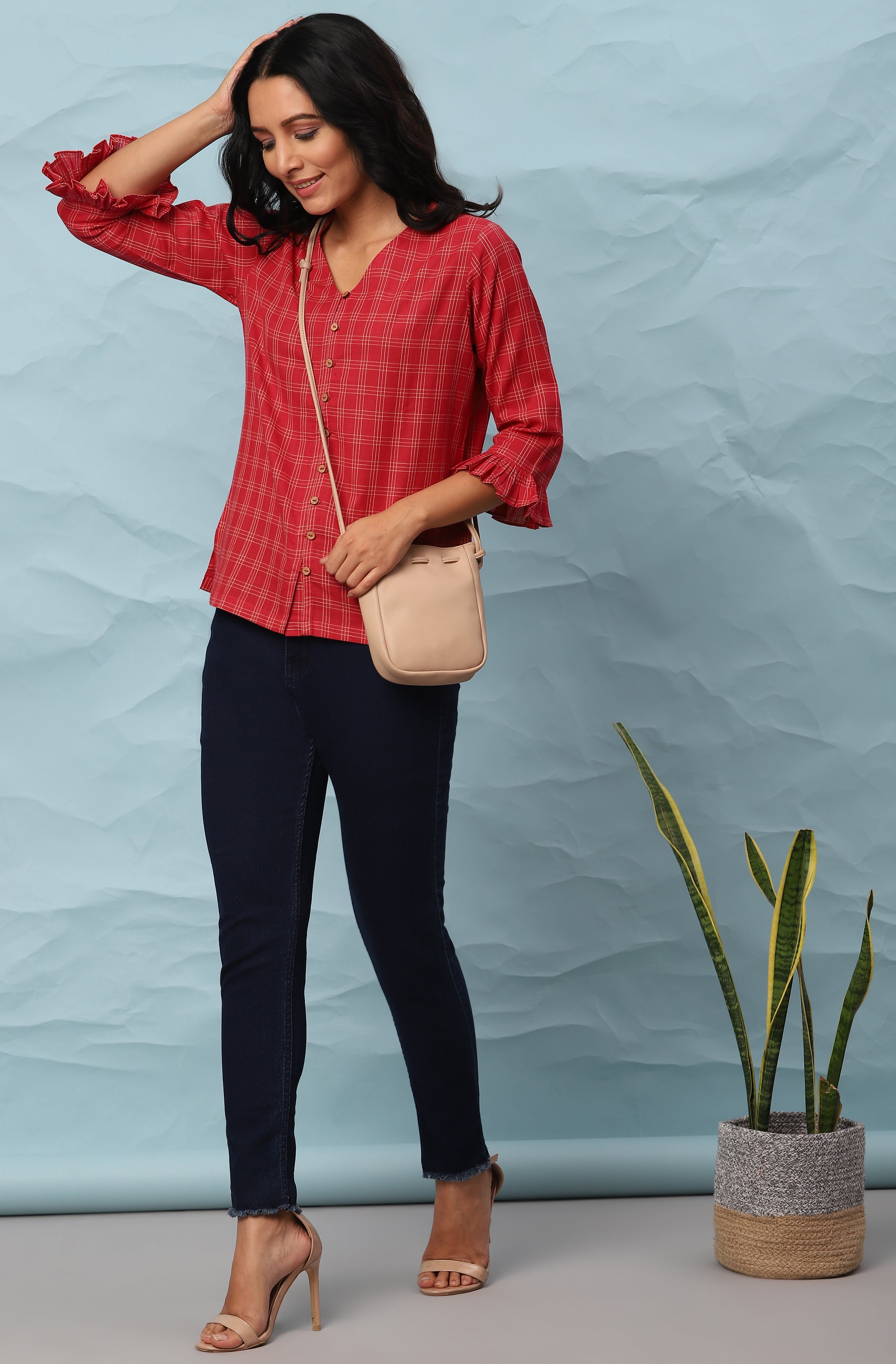 Janasya Women's Red Cotton Checkered Regular Top | Grocsy