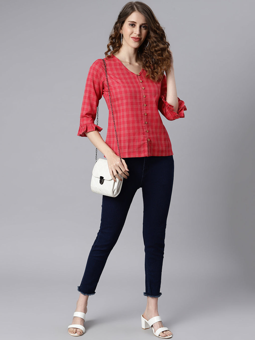 Janasya Women's Red Cotton Checkered Regular Top | Grocsy