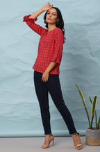 Janasya Women's Red Cotton Checkered Regular Top | Grocsy