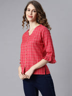 Janasya Women's Red Cotton Checkered Regular Top | Grocsy