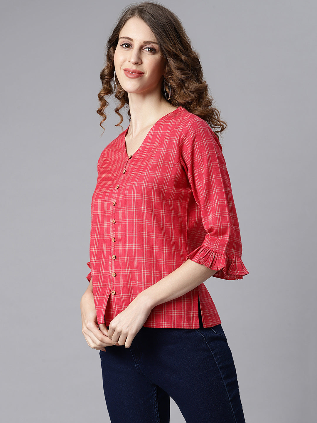 Janasya Women's Red Cotton Checkered Regular Top | Grocsy