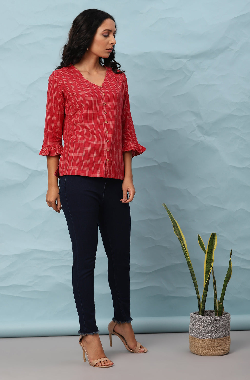 Janasya Women's Red Cotton Checkered Regular Top | Grocsy