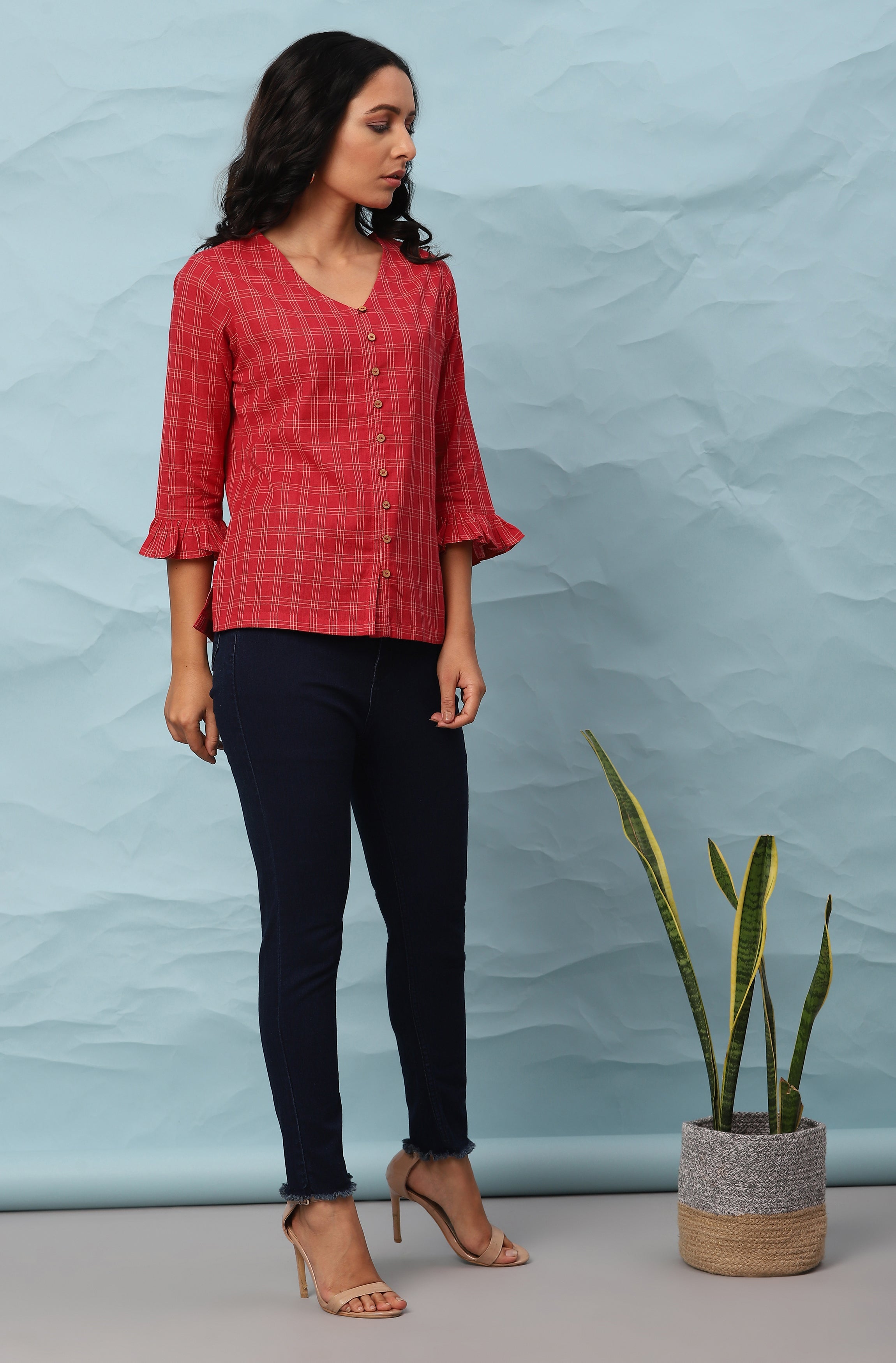Janasya Women's Red Cotton Checkered Regular Top | Grocsy