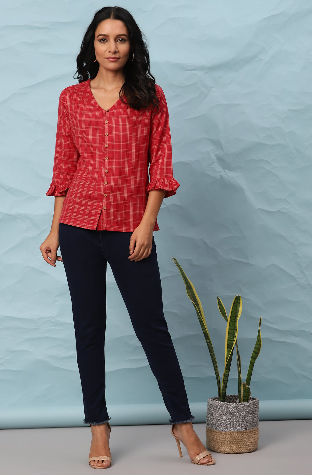 Janasya Women's Red Cotton Checkered Regular Top | Grocsy