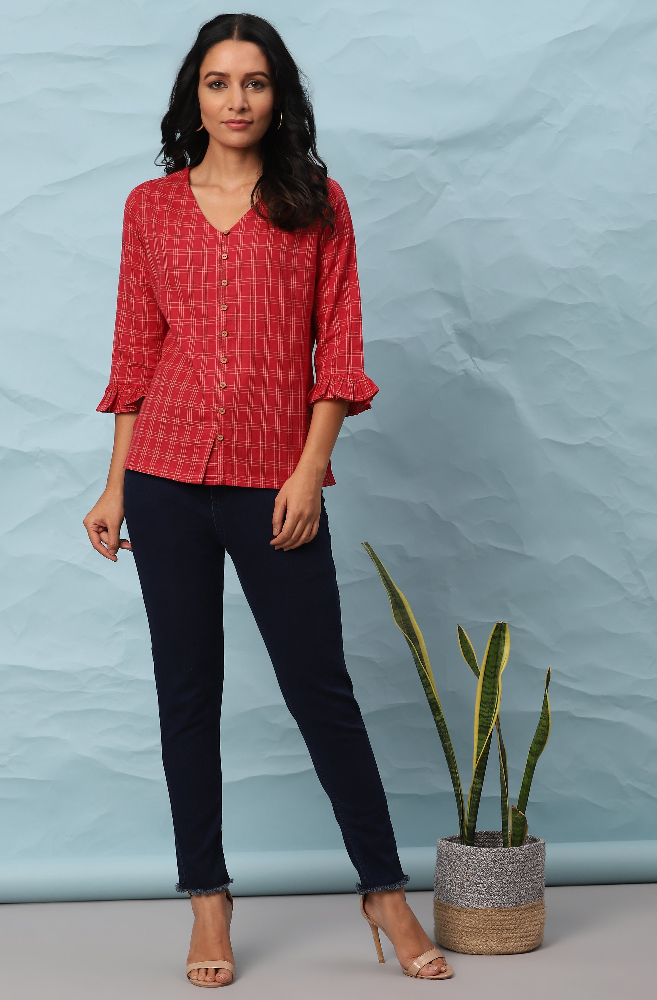 Janasya Women's Red Cotton Checkered Regular Top | Grocsy