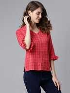 Janasya Women's Red Cotton Checkered Regular Top | Grocsy