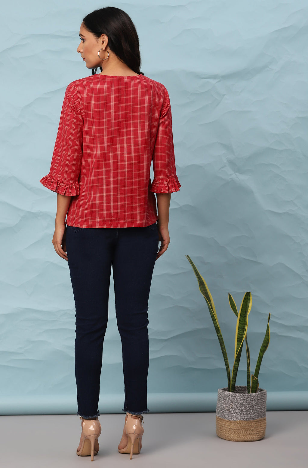 Janasya Women's Red Cotton Checkered Regular Top | Grocsy