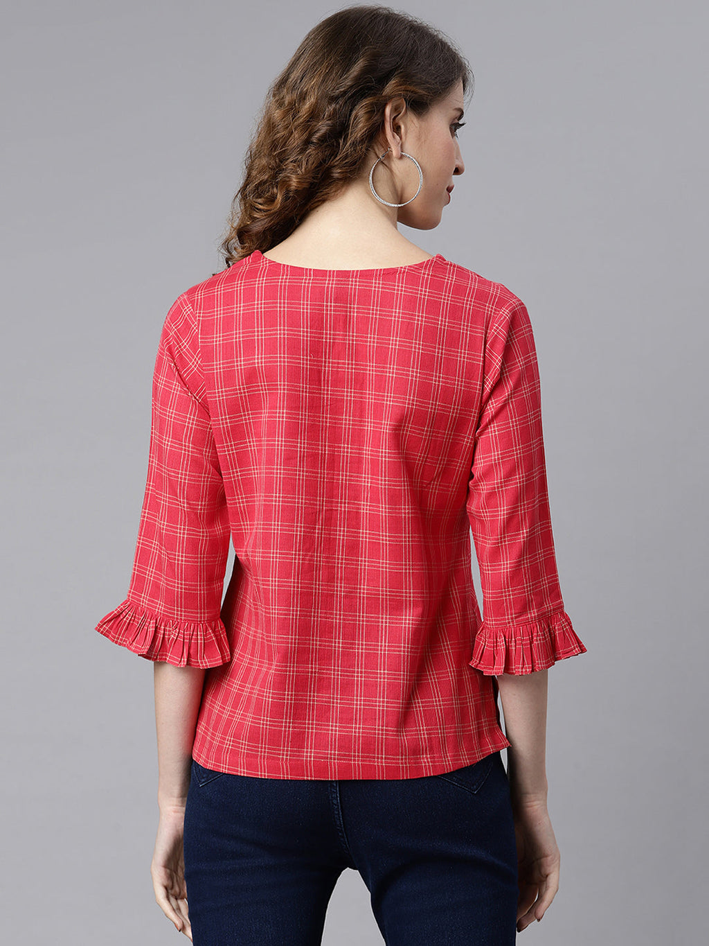Janasya Women's Red Cotton Checkered Regular Top | Grocsy