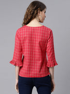 Janasya Women's Red Cotton Checkered Regular Top | Grocsy