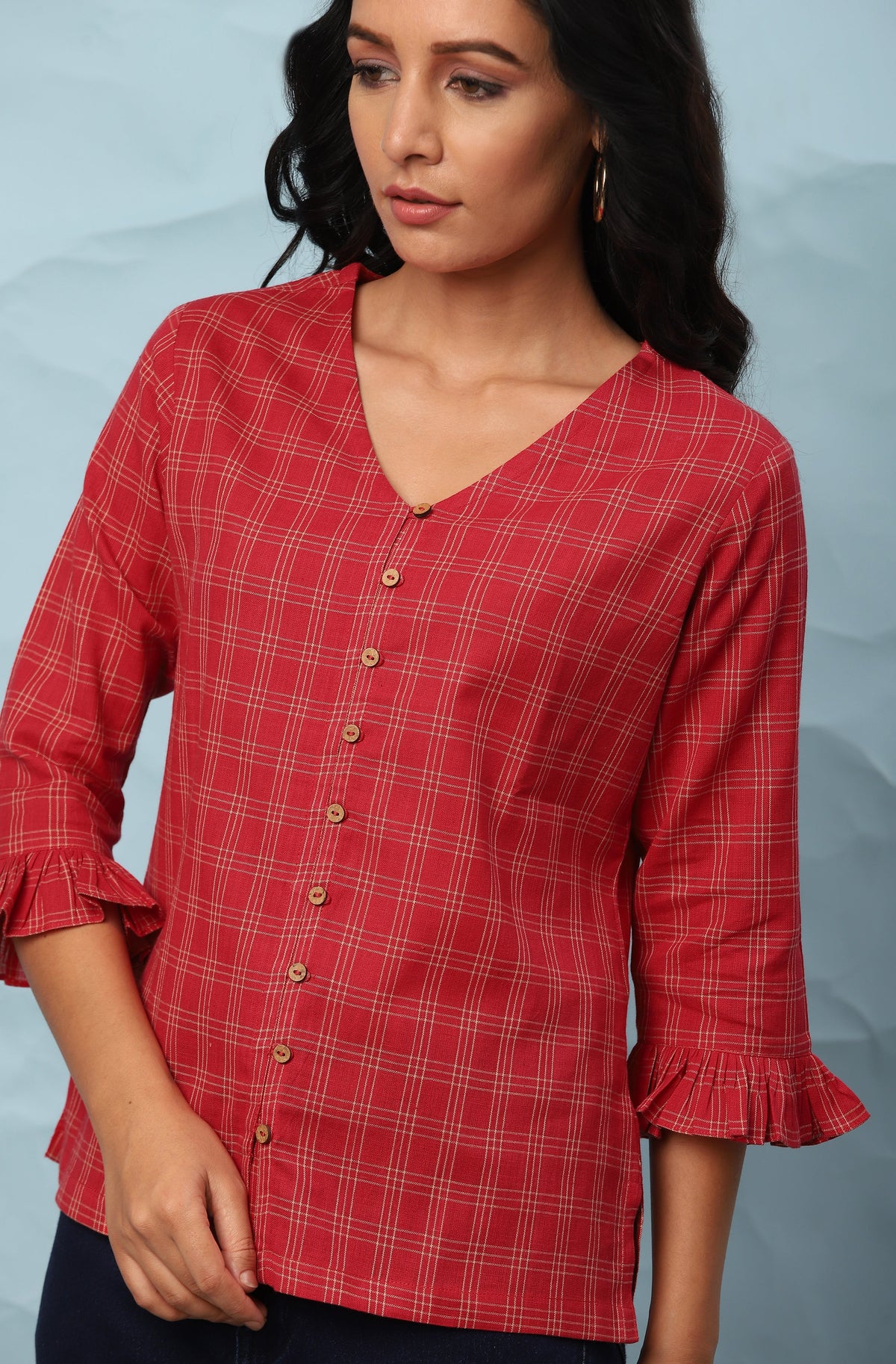 Janasya Women's Red Cotton Checkered Regular Top | Grocsy