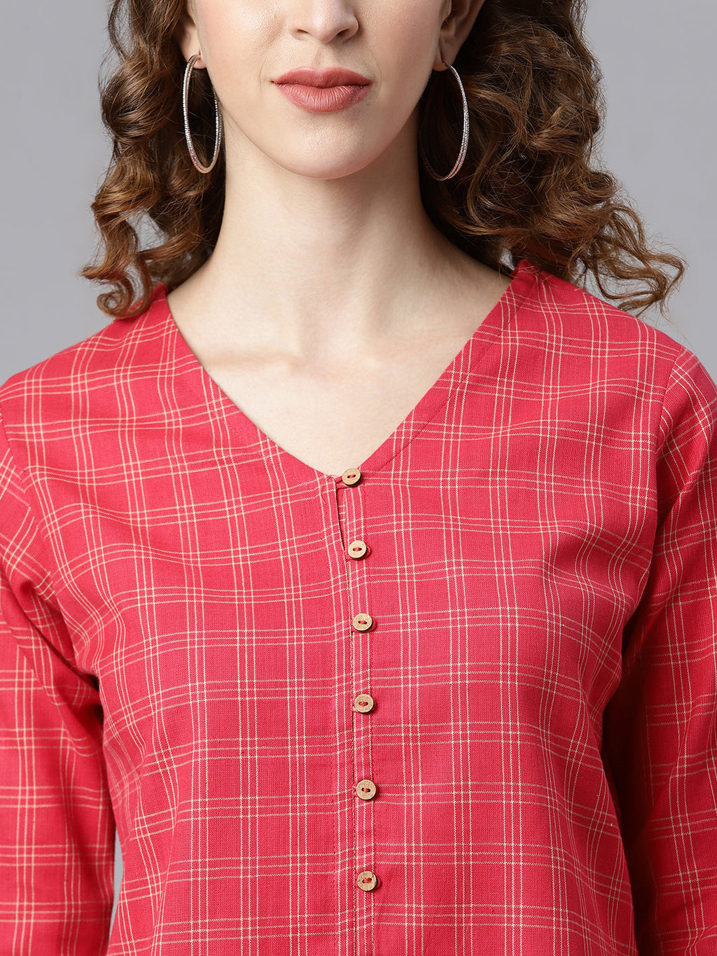 Janasya Women's Red Cotton Checkered Regular Top | Grocsy