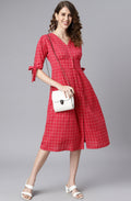 Janasya Women's Red Cotton Checkered Flared Western Dress | Grocsy
